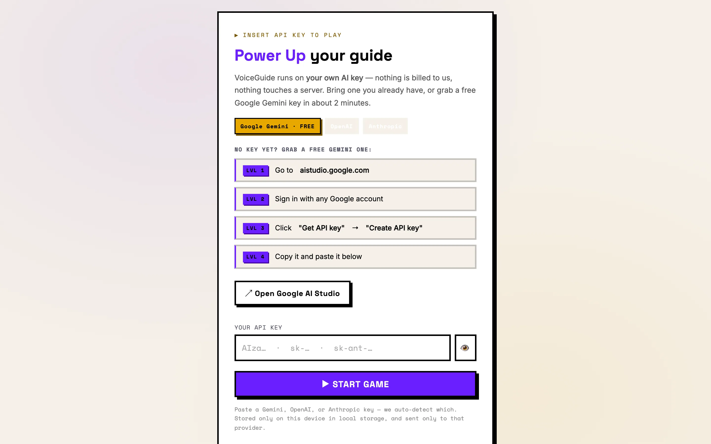 VoiceGuide — The app — bring your own key